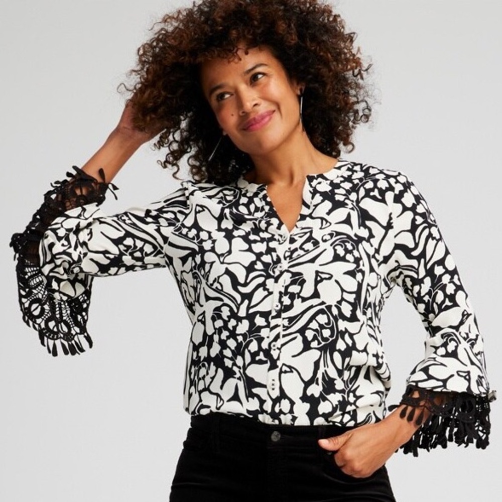 Chico's Black & White Floral Crochet-Cuff Blouse